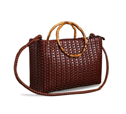 Olivia | Genuine leather bag| Retro bamboo handle