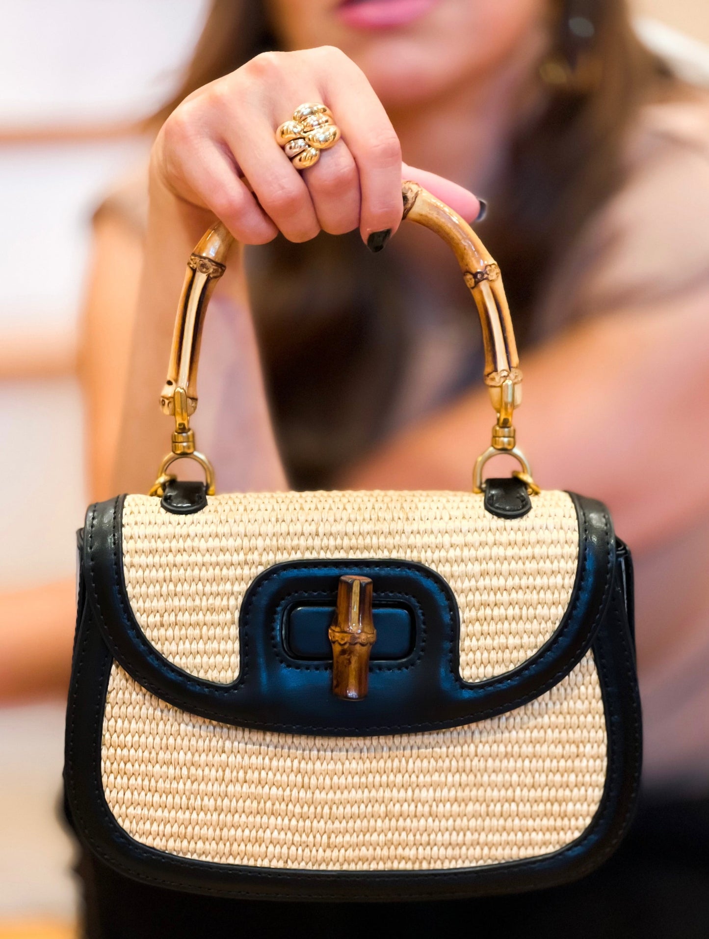 Hana/ Straw Woven Bag With Bamboo
