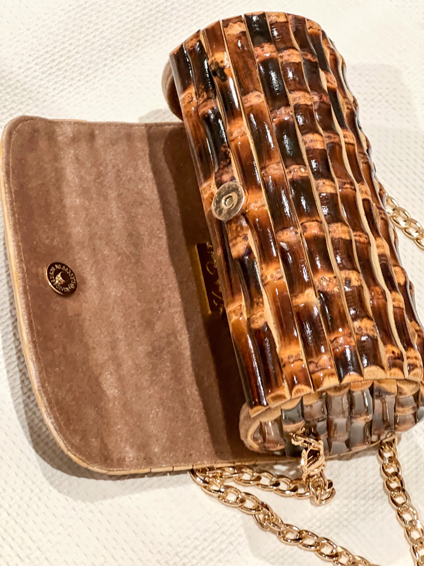 Circular Bamboo Bag With Chain/Burnt