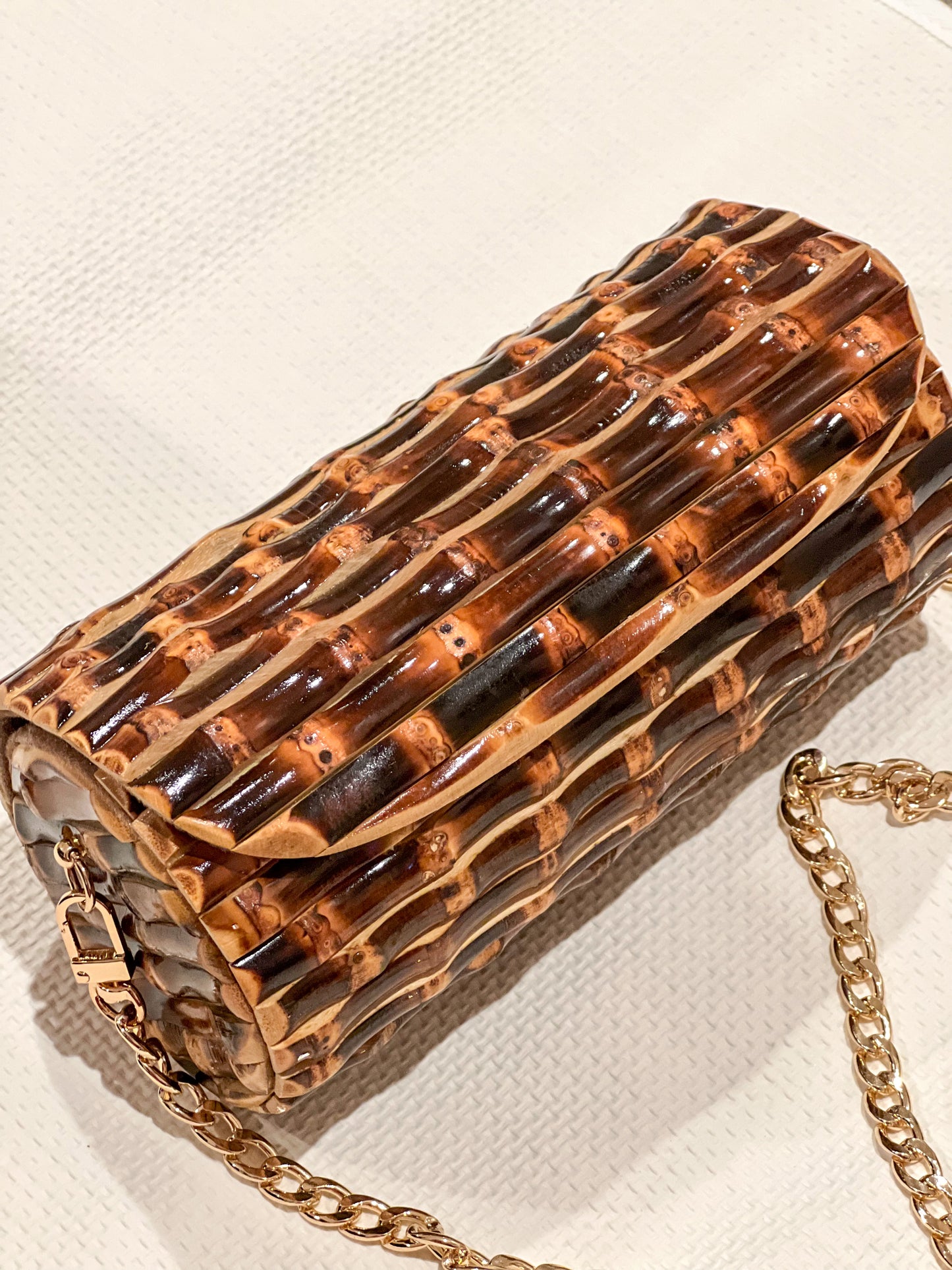 Circular Bamboo Bag With Chain/Burnt