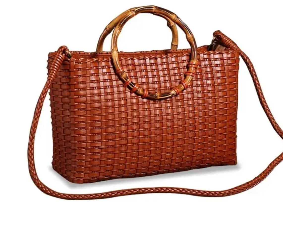 Olivia | Genuine leather bag| Retro bamboo handle