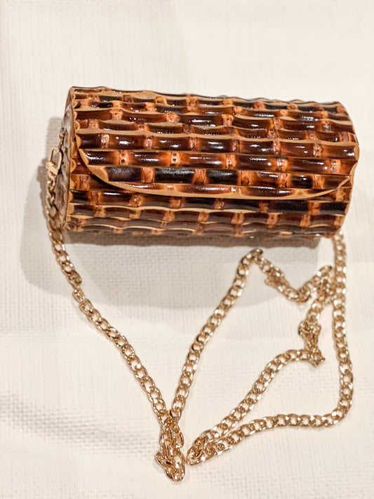 Circular Bamboo Bag With Chain/Burnt